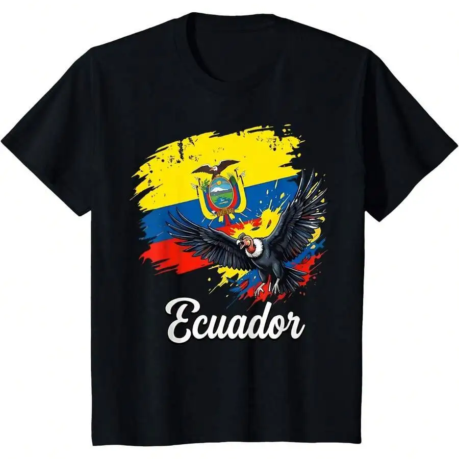 Ecuador Flag Andean Condor National Symbol T-Shirt 100% Cotton Trendy Y2K Short-Sleeve Tee-Soft, Quick-Drying, Moisture-Wicking;