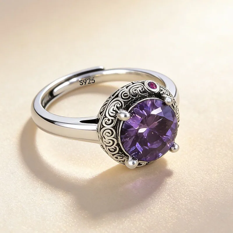 925 Sterling Silver Rings for Women Couple Minimalist Purple Stone Ring Fine CZ Jewelry Birthday Gift Prevent Allergy
