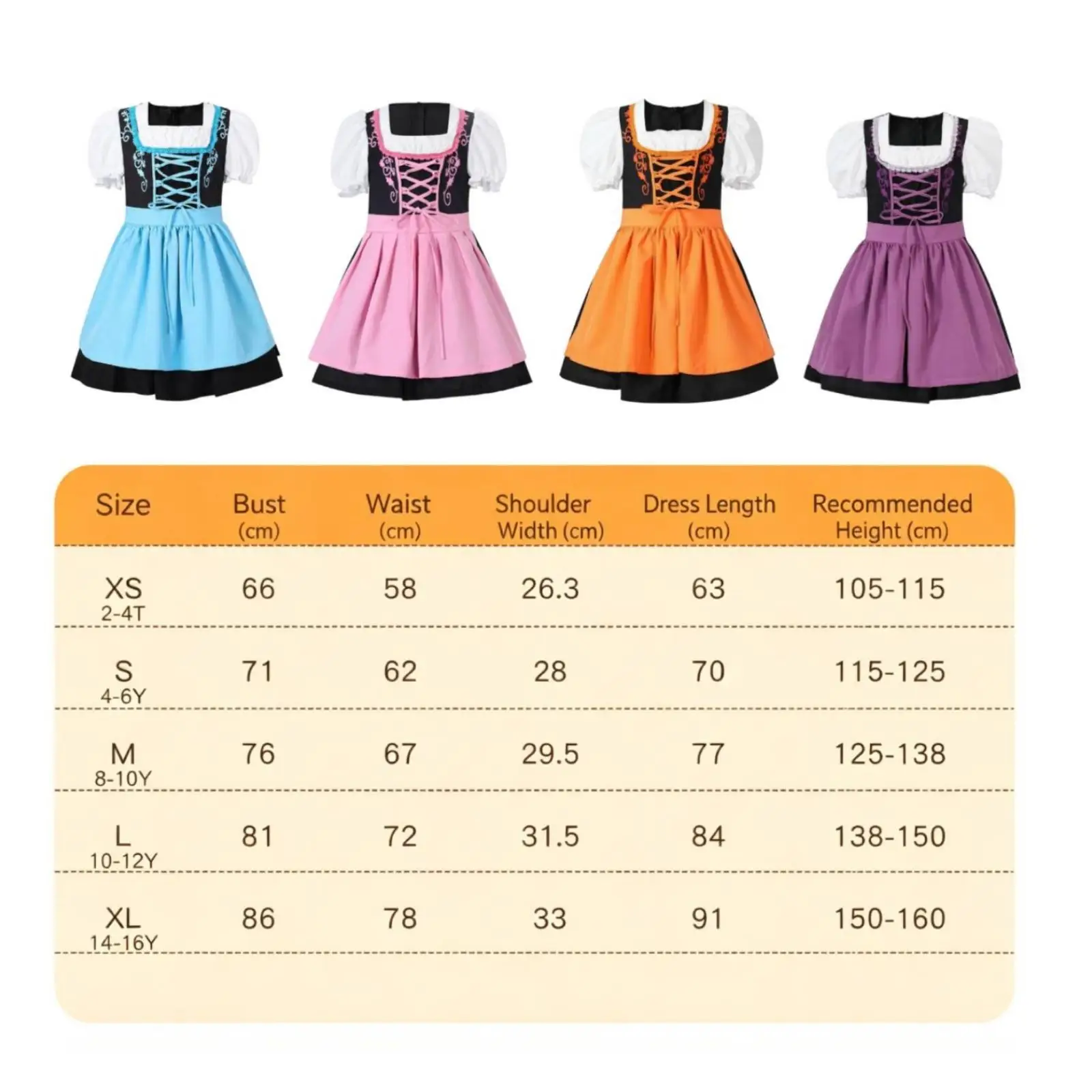 Kids Halloween Skirt Set with Square Neckline Puff Sleeves and Lace Up Bodice for Dance Party Dress Up Play
