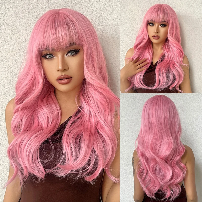 Lolita Synthetic Wigs for White Women Cosplay Use Long Pink Wavy Wig with Bangs Heat Resistant Wigs Natural Looking Party