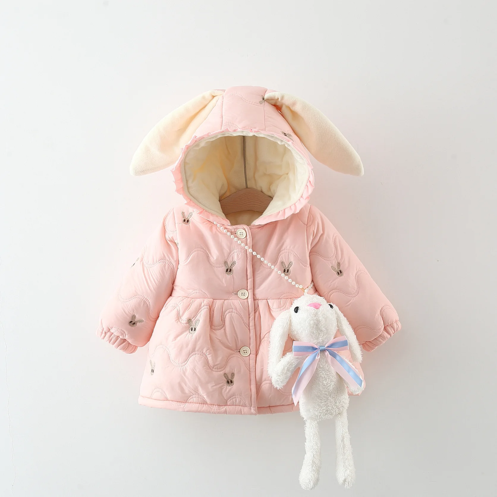 The New Winter Girls\' Coat with Hat Flower Edge This Rabbit Print Warm and Fleece Warm Long Sleeve Coat + Diagonal Bunny Bag