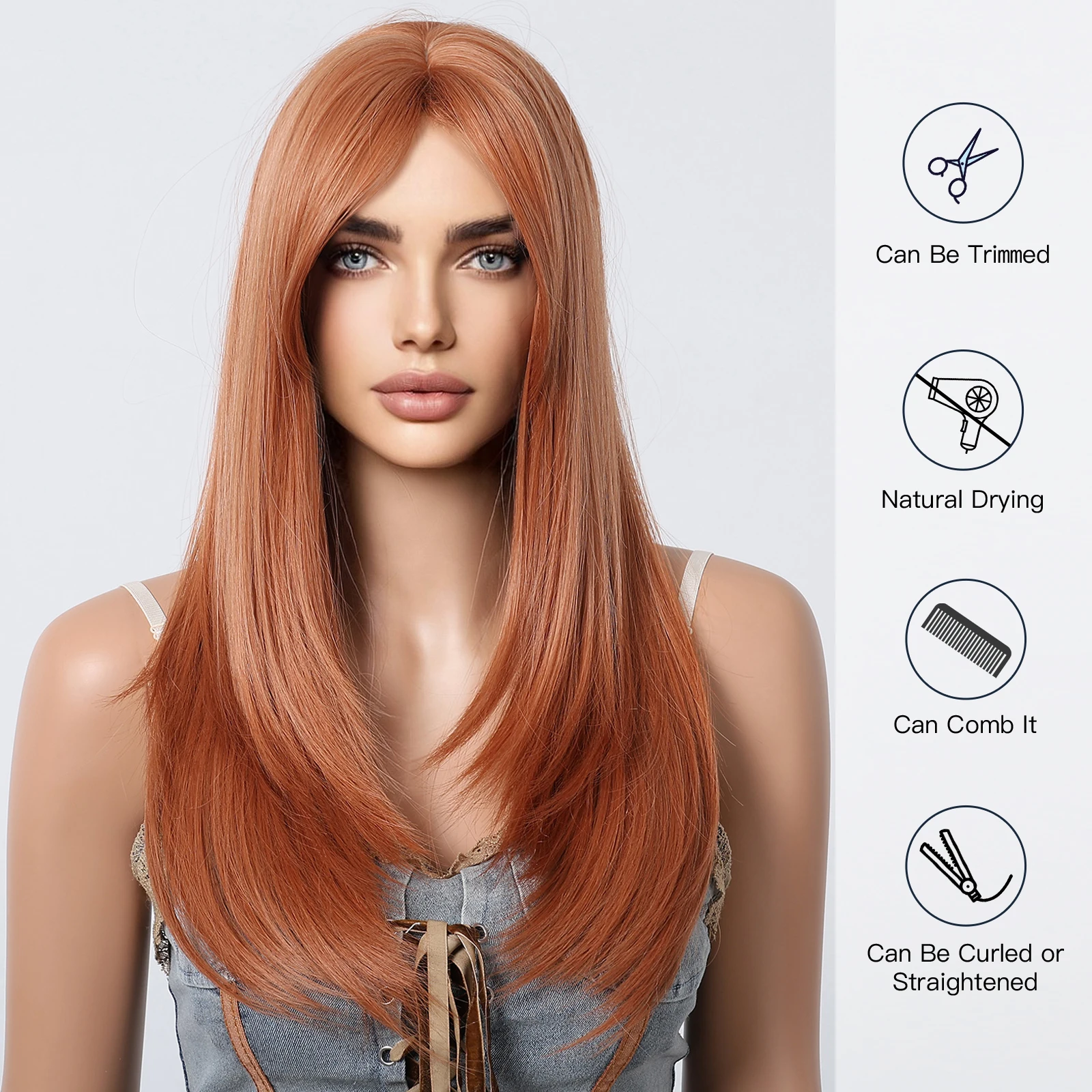 Light Orange Brown Long Straight Synthetic Women\'s Wigs Side Bangs Layered for Women Natural Daily Heat Resistant Fiber Wigs