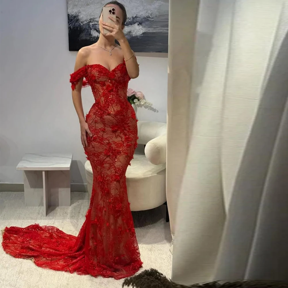 

Изысканное вечернее платье-русалка с иллюзионным кружевом и открытыми плечами, с 3D цветами, для красной дорожки, в стиле знаменитостей