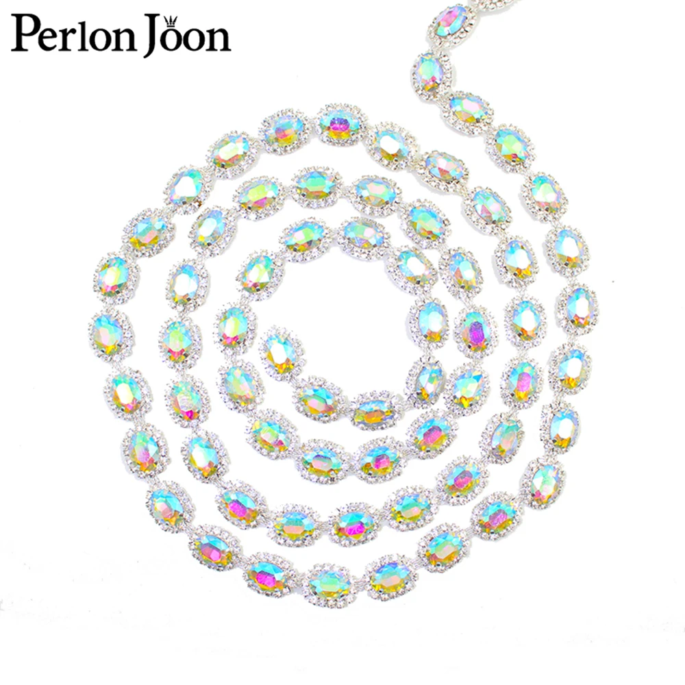 1 Yard Crystal Oval Rhinestone Trimmed Glass Silver Metallic Ribbon Women Clothing Shoes Hats Craft Decoration Accessories ML064