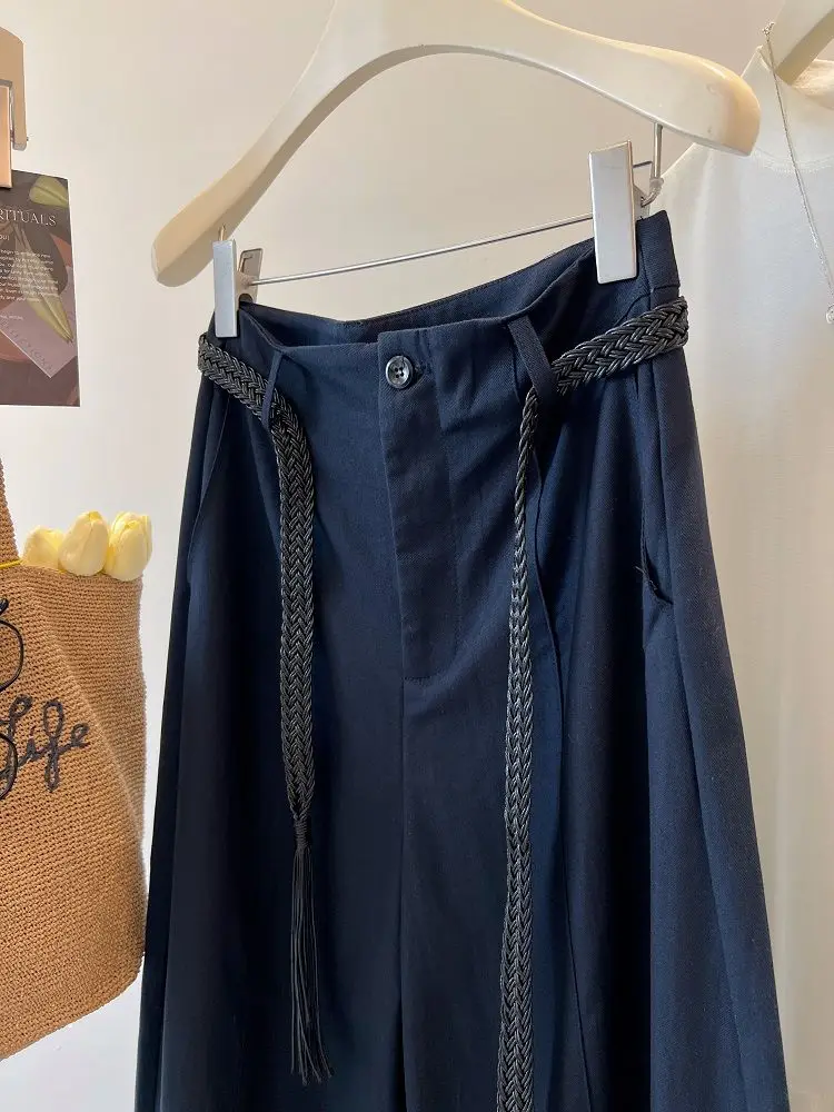 Pantalon décontracté rétro japonais, coupe ample, tissage lâche, ceinture, taille haute, jambe droite, large, ex printemps automne