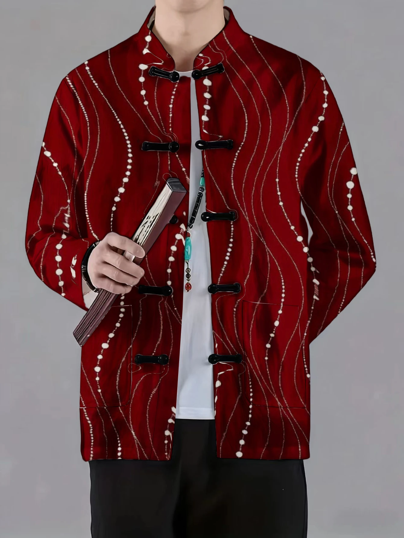 Men Mandarin Collar Frog Button Jacket Geometric Ethnic Line Gradient Art Print Traditional Outerwear