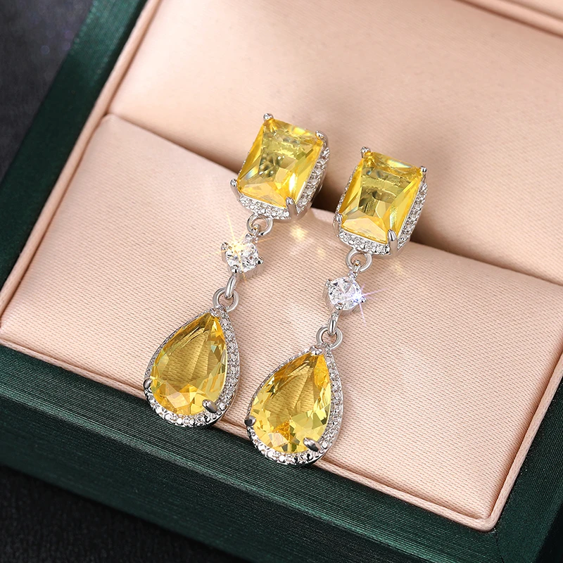 Huitan Pink/Yellow Cubic Zirconia Hanging Earrings for Women Romantic Pear CZ Dangle Earrings Wedding Party Luxury Trend Jewelry