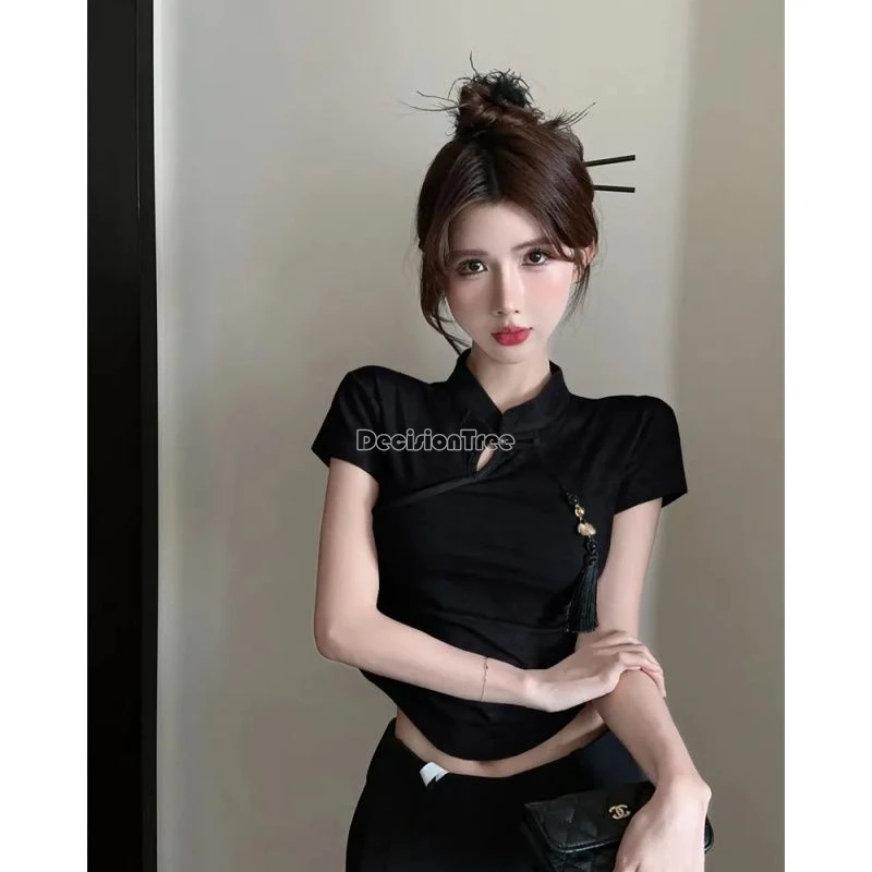 2024 summer chinese spicy girl daily sexy qipao top vintage fashion design sense elegant lady blouse hollow out slim pleated top