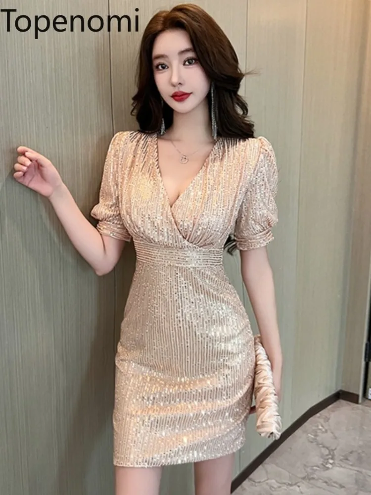 Topenomi Temperament V Neck Sequin Banquet Party Short Dress Women Summer Sexy Waist Puff Sleeve Slim Fit Night Evening Dresses