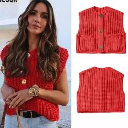Women Fashion Sleeveless V Neck Sweater Vest Coat Autumn Winter New Casual Three Button Pocket Cardigan Female Trouser Vest Coat