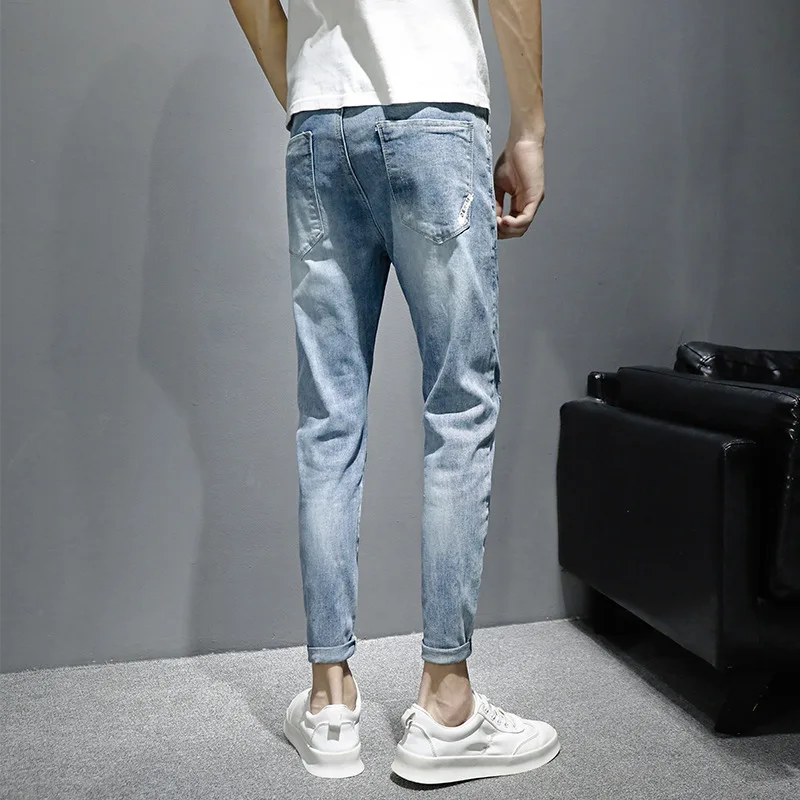 Denim Jeans Men's Summer Thin Stretch Self-cultivation Korean Ankle Length Pants Ripped Holes Casual Light-colored Pencil Pants