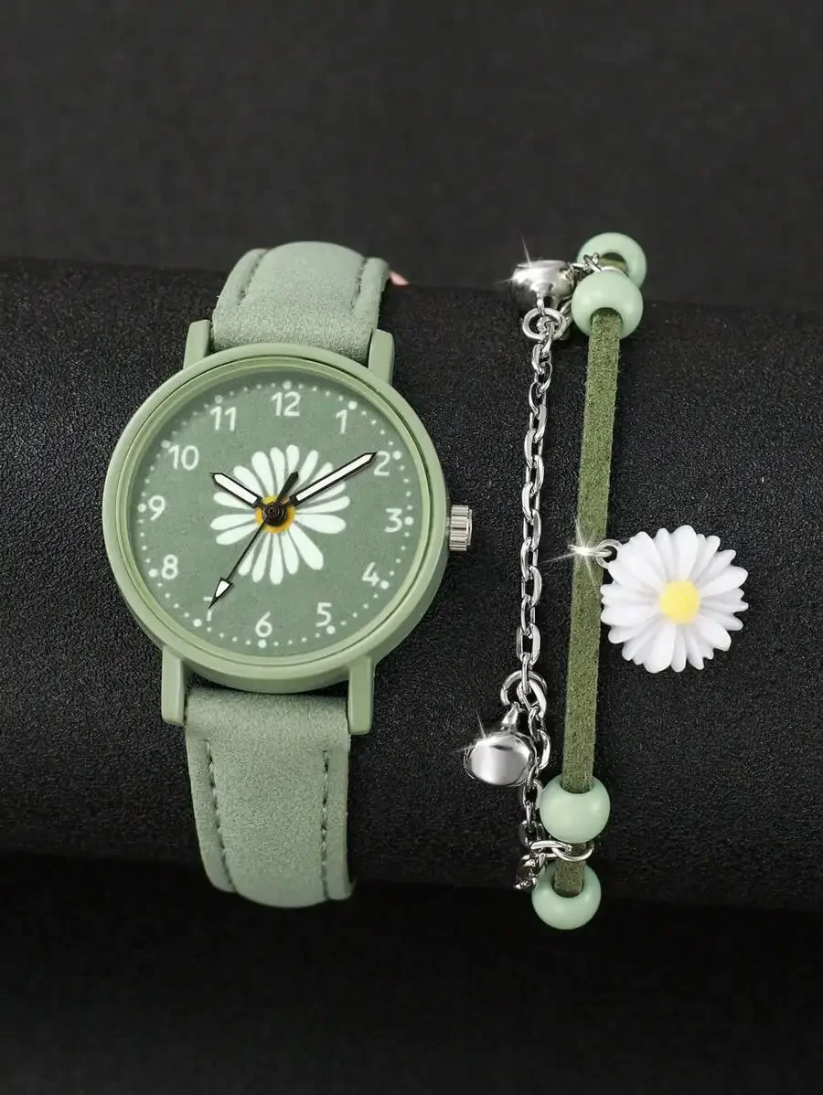

2pcs Set Women Floral Dial Quartz Watch And Daisy Bracelet