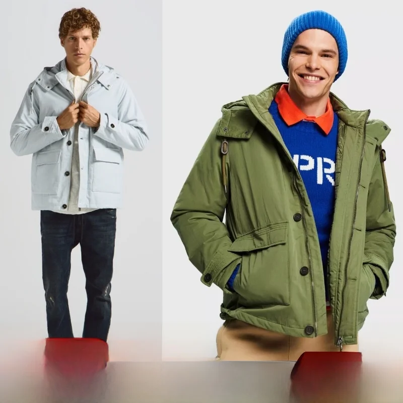 

Thiened Cotton Jaet Men's American Workwear Sle Warmth Hooded Coat Youth Casual Faion Urban Stand Fit Long Sve