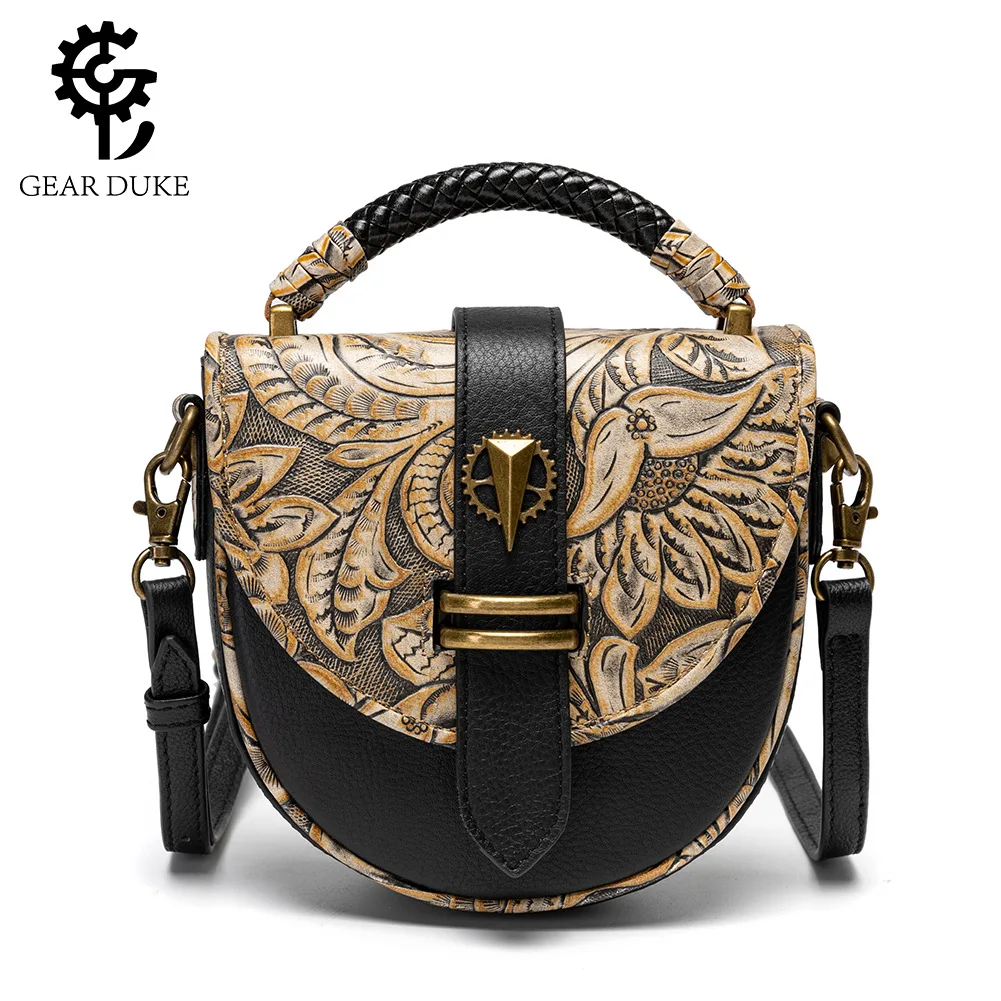 Gear Duke Woman Cow Leahter Embossed Handbag Medieval Steampunk Motorcycle Single Shoulder Bag Gear Revit Decorat Messenger Bag