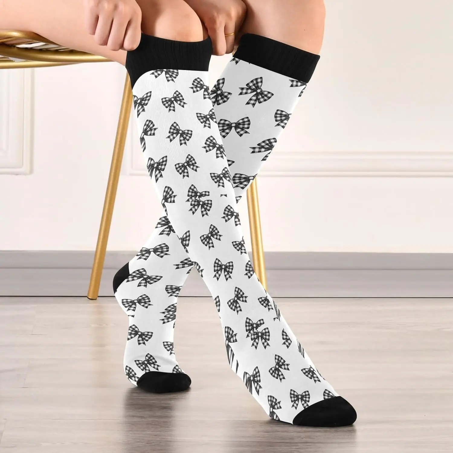 black Bows 20-30mmHg Knee High Athletic Stockings, Running Cycling Sport Travel Nurse Support Tube Socks 1 Pair