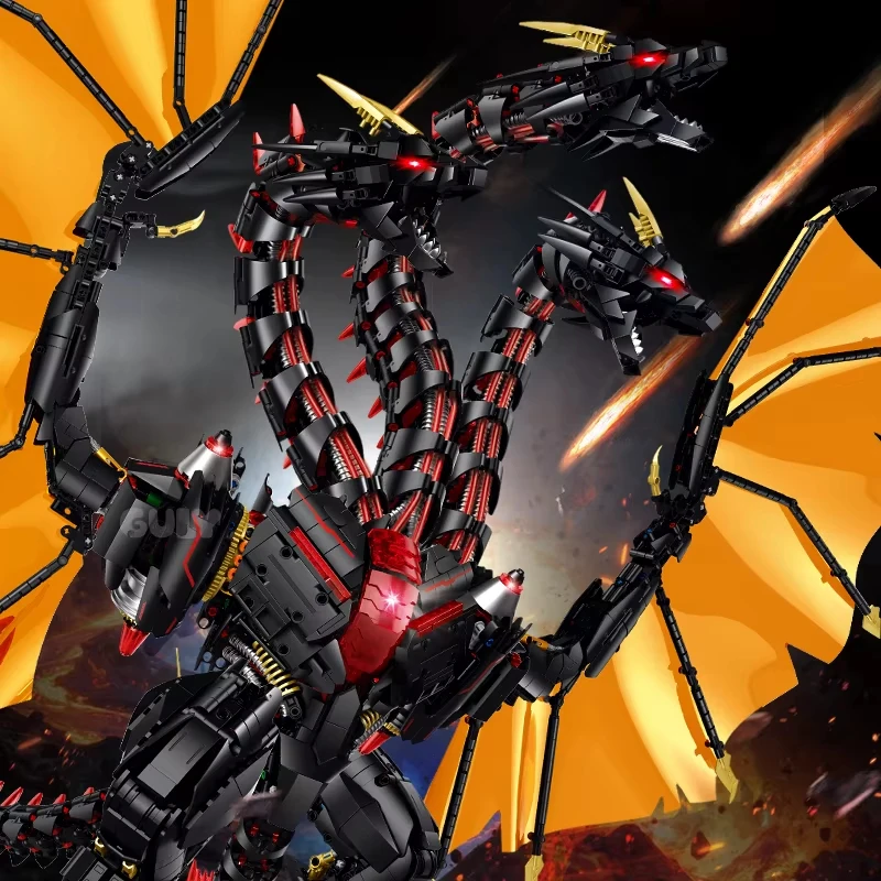 3975pcs Three-Headed Dark Dragon Mecha Construction Building Blocks Bricks With LED Huge Winged Dragon MOC Toy Gift for Adult