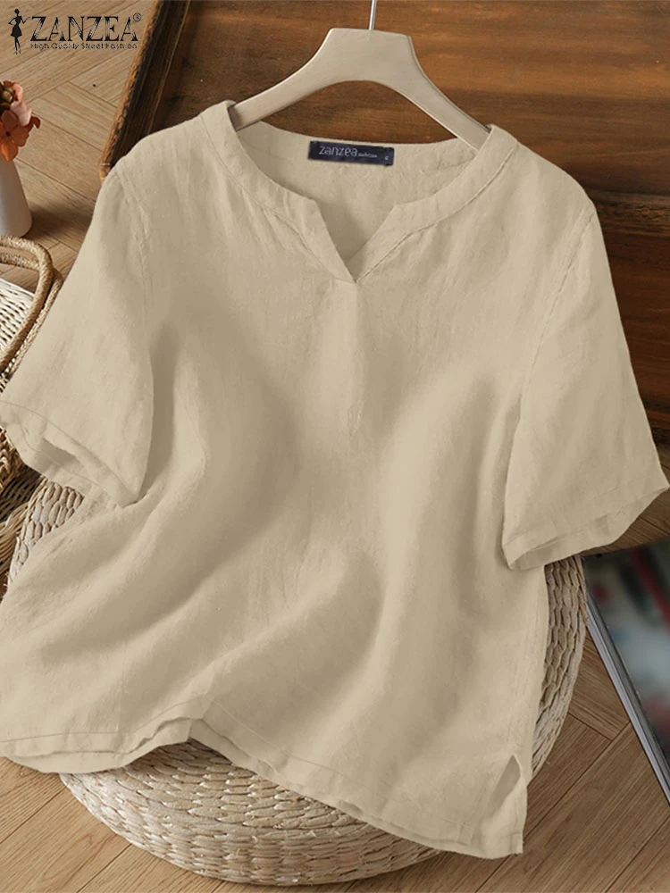 

ZANZEA, хлопковые и льняные повседневные топы, однотонные удобные дышащие блузки с короткими рукавами и v-образным вырезом, женские летние Blusas Mujer