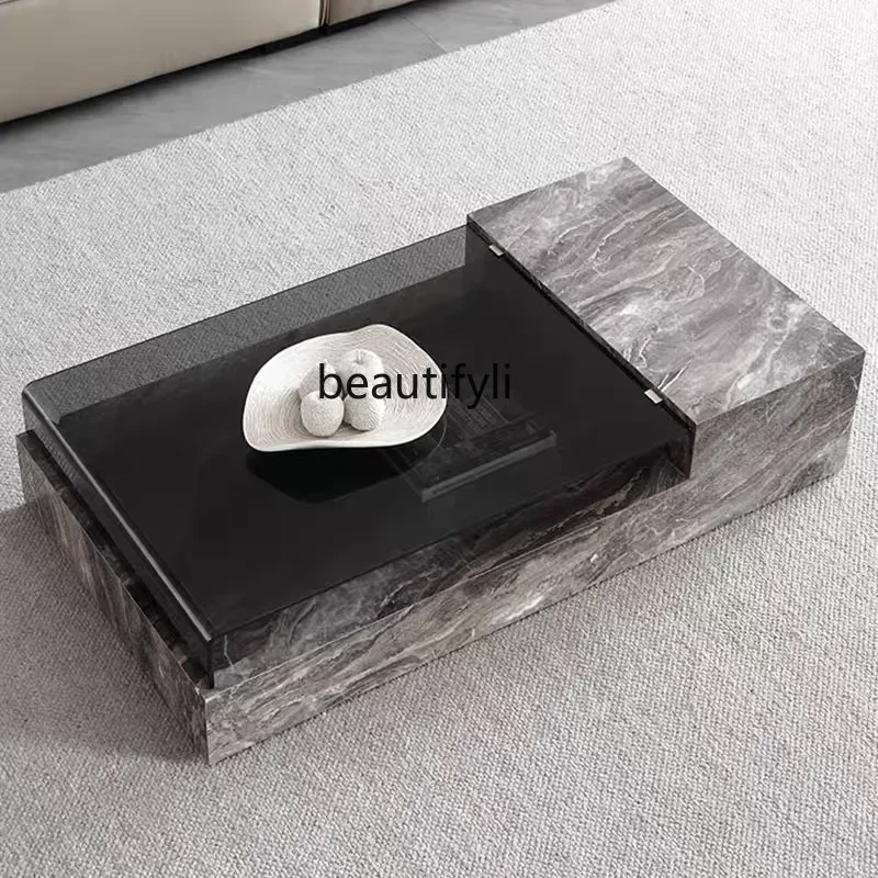 

05 Italian light luxury rock slab coffee table household living room rectangular TV cabinet