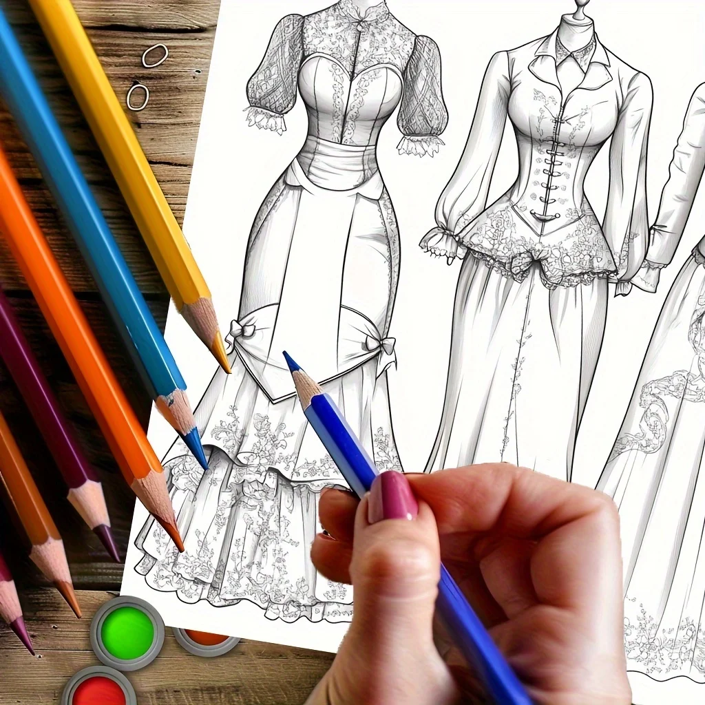 Buku Mewarnai 28 Halaman Pakaian Wanita Impian untuk Mengurangi Stres Dewasa |   Buku Mewarnai untuk Mengurangi Stres dan Mengatasi Suasana Hati