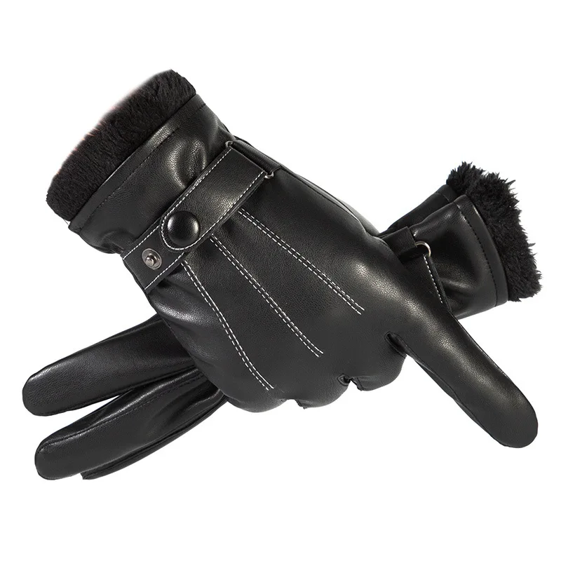 Men s Cold Resistant Cycling Gloves PU Windproof Plush Lined Thickened Touchscreen Gloves for Driving Autumn Winter