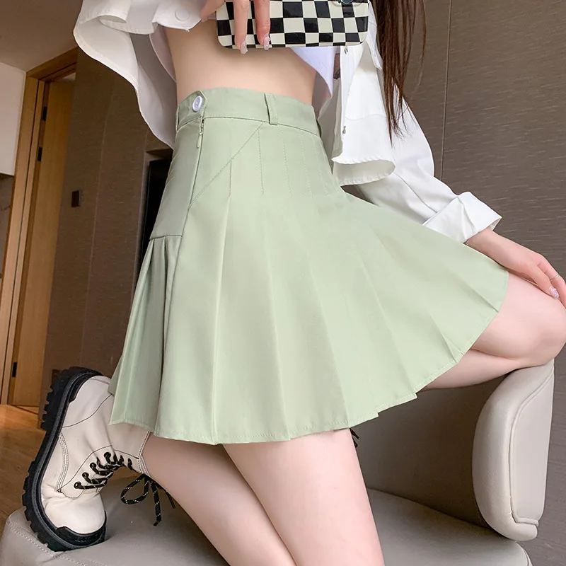 

Simple Elegant Pleated Skirt College Style Summer Anti Glare High Waisted A-line Skirt Fashion Solid Color Slimming Short Skirt