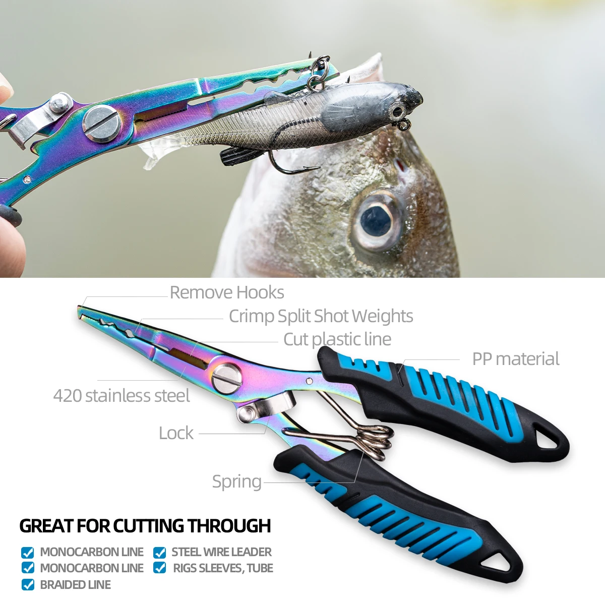 مجموعة أدوات صيد مكونة من 7 قطع، كماشة صيد احترافية طويلة الأنف، مقص قطع خط مضفر مقاوم للمياه المالحة