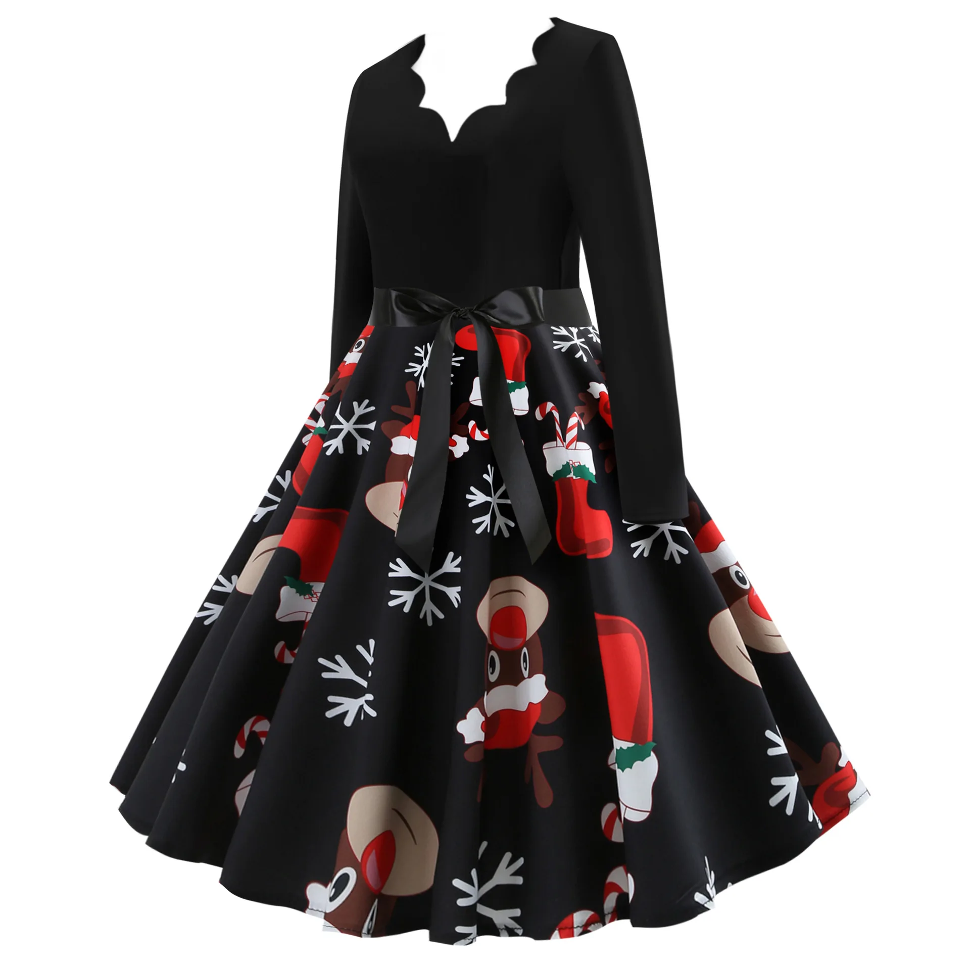 Christmas New Fashionable Elegant Women's Winter Burnt Flower V-neck Long Sleeve Printed Pendant Dress