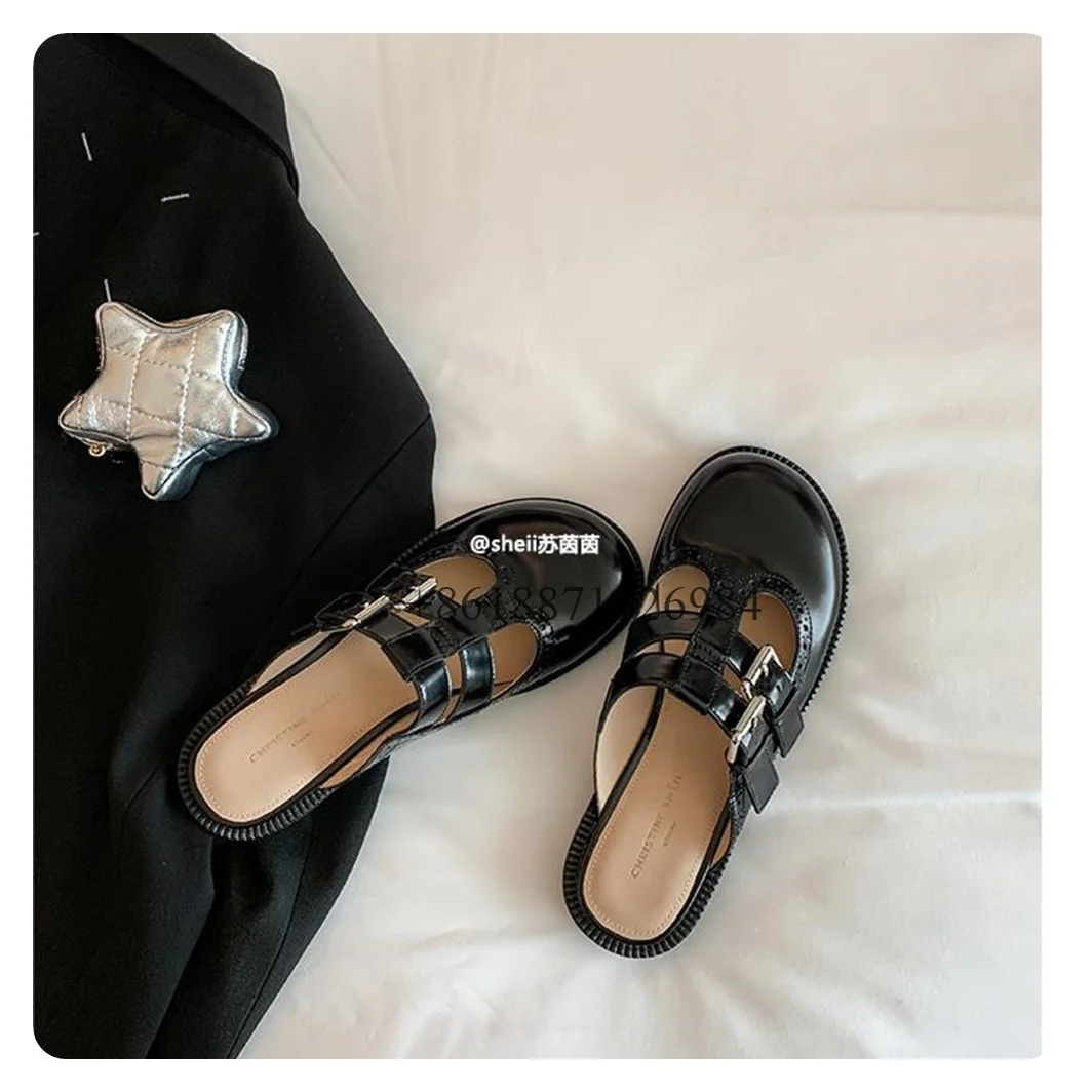 

Black Genuine Leather Round Toe Outdoor Summer Women Slippers With Belt Buckle Chunky Low Heels Slip On Design Closed Toe Shoes