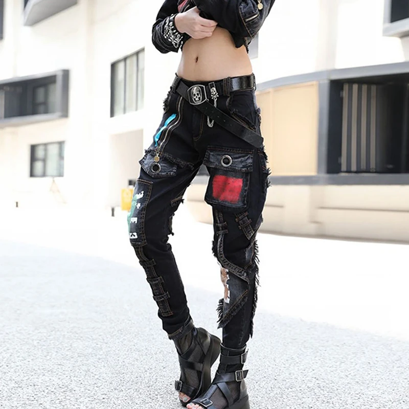 Jean pour femmes, noir foncé, blocage de couleur, design de niche, sens, à la mode, nouveau sarouel personnalisé, tendance, automne