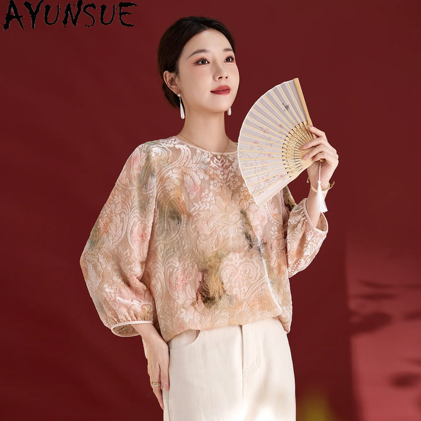 AYUNSUE Real Mulberry Silk Lining Women Long Sleeve Tops Jacquard Autumn Clothes Silk Velvet Women's Tops 2026 New Tops De Mujer