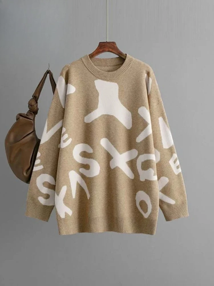 

Женский осенне-зимний вязаный свитер, свободный элегантный пуловер с жаккардовым узором, топы с длинными рукавами, повседневная верхняя одежда