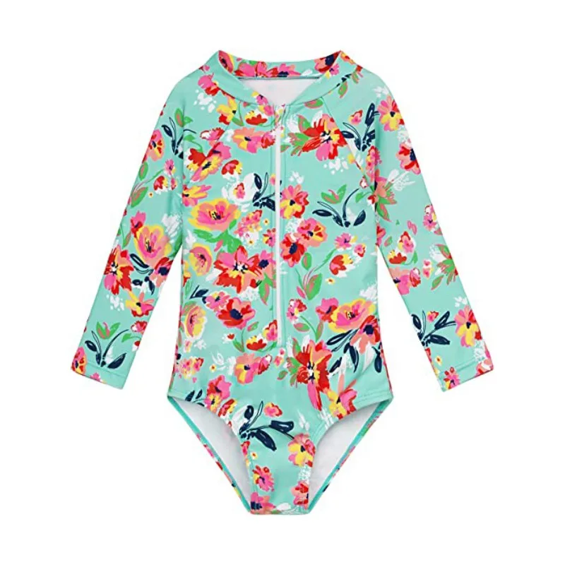 Kids Baby Girl Swimsuits Summer Floral Long Sleeve Zipper Jumpsuit Swimwear Beachwear Bathing Suits 2-7 Years old