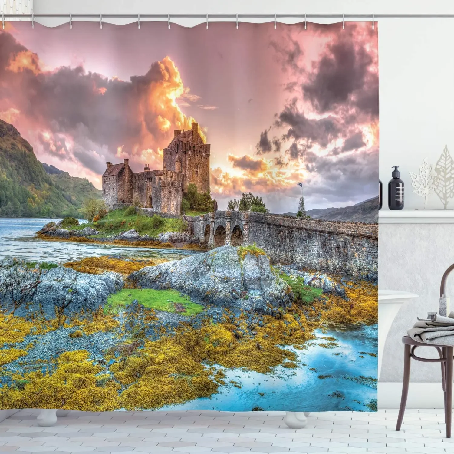 Scenery Shower Curtain Dreamy Middle Age Inspired Cartoon Castle Near Lake Stones Moss Cloth Fabric Bathroom Decoster With Hooks