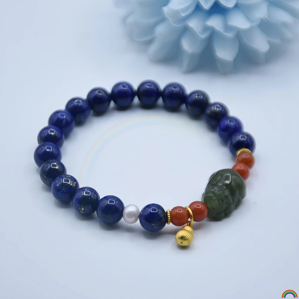 Natural lapis lazuli carving Hotan Jade Brave wild animal hand string agate pearl blue dome Nari gem bracelet Rwbuy