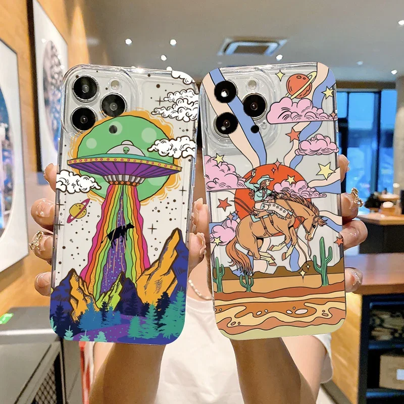 Cartoon Graffiti Sun Silicone Phone Case For iPhone 17 16 15 14 13 12 Pro Max 7 16 Plus 16E 17E 17 Air XR 8 15 Transparent Cover