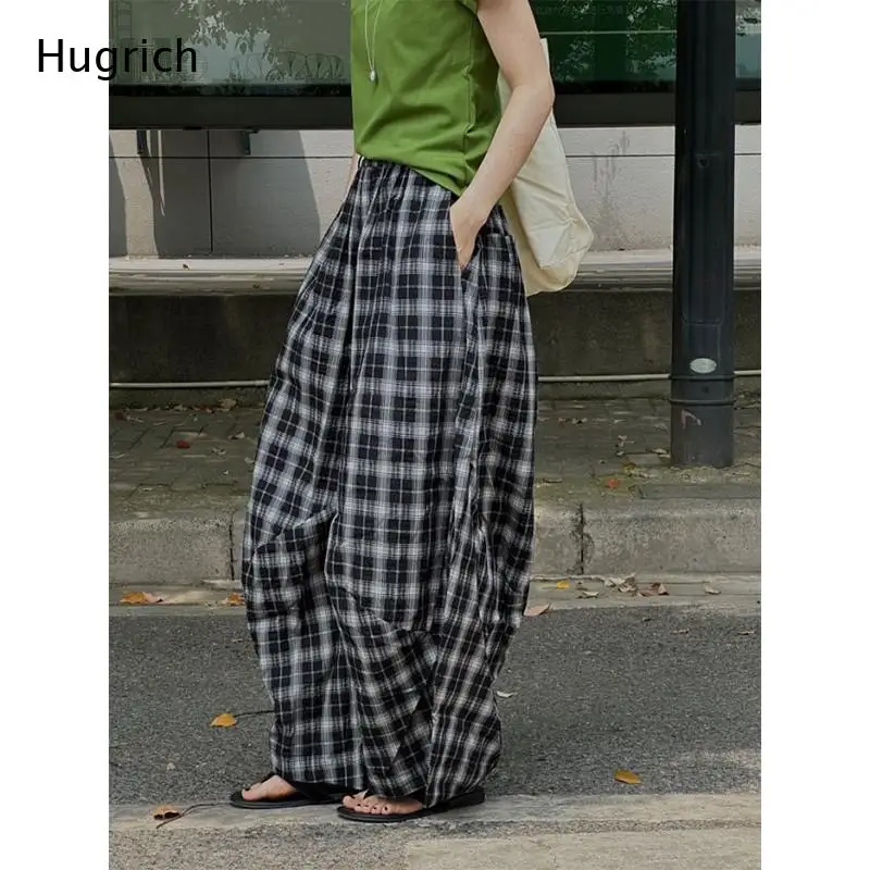 Vintage Check Print Casual Trouser Elasticated High Waist Crumple Texture Relax Oversized Wide Leg Pant