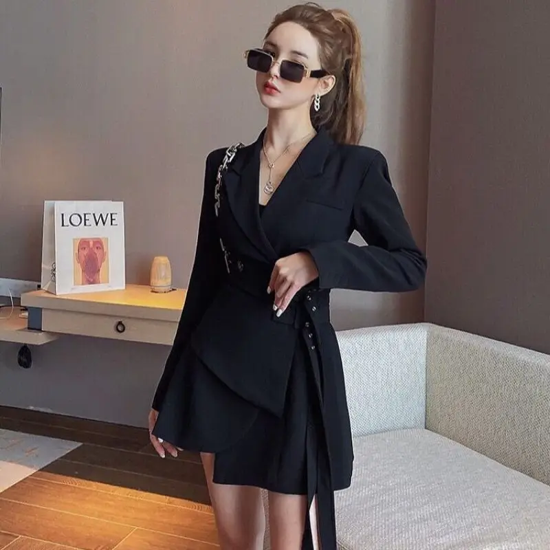 Spring Autumn New Korean Fashion Black Suit Dress Lace Up Asymmetric Elegant Solid  Waist Pulling Dresses for Women