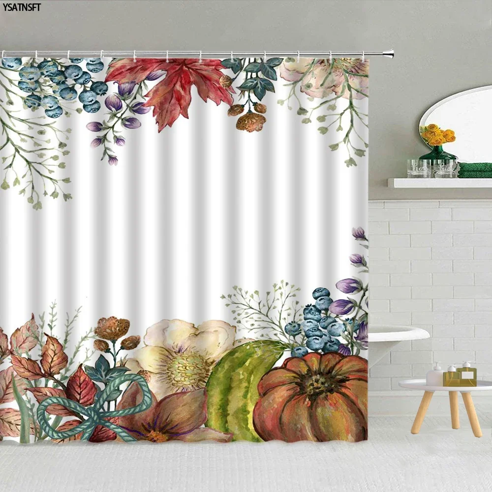 Rumpkin Shower Curtains Autumn Thanksgiving Themed Bath Curtain Fall Leaves Maple Flower Branch Bathroom Accessories Set Fabric