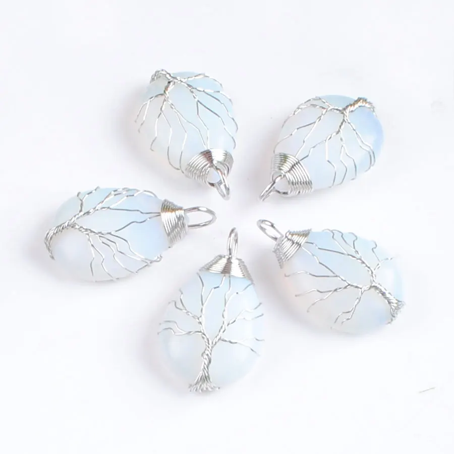 5Pcs Natural Opal Gem Stone Teardrop Pendants Knitting Life Tree Charms Energy Healing Women Exquisite Party Jewelry DN4212