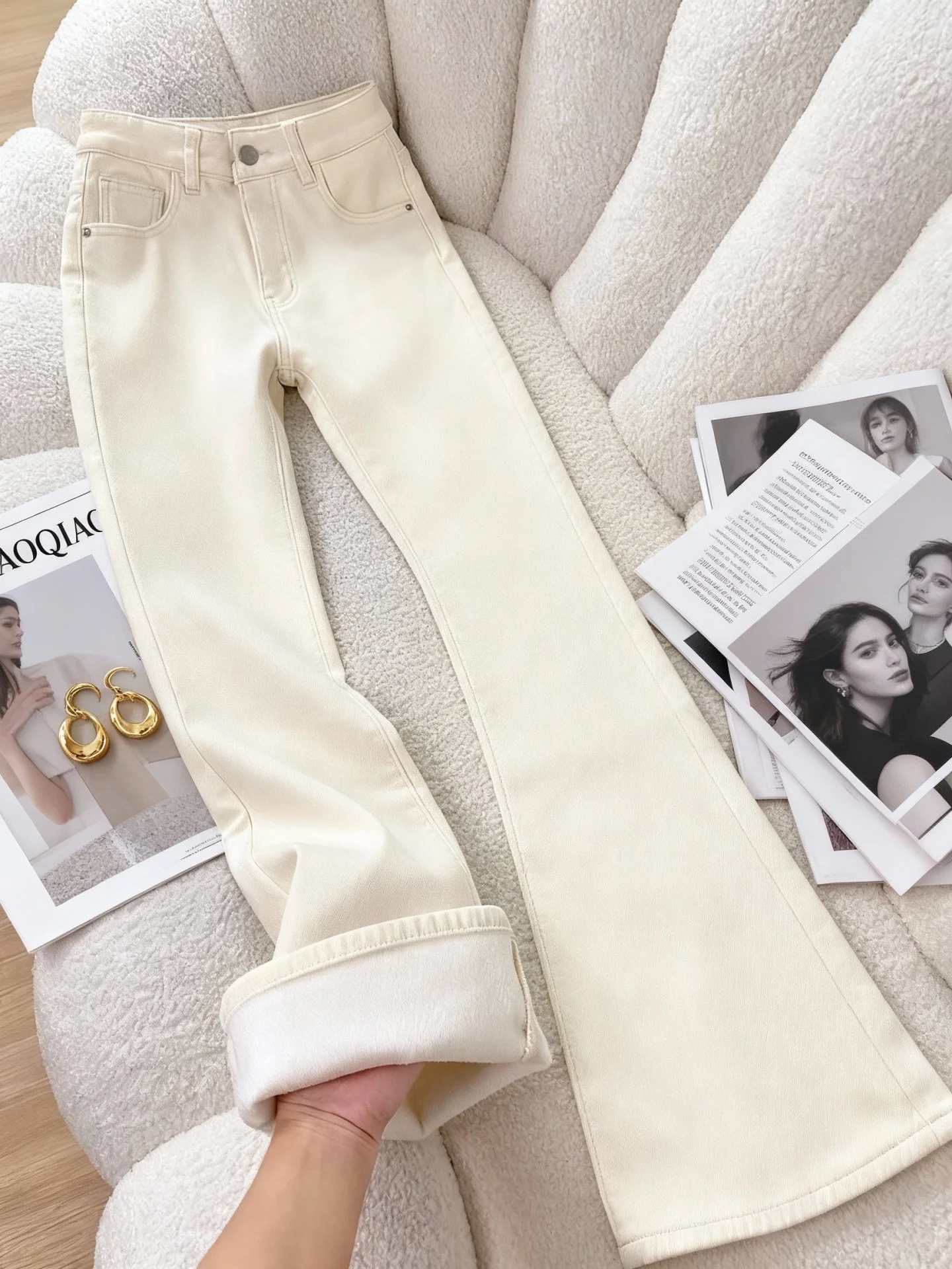 Thiened Fce الشتاء عالية الخصر جرس بوت الجينز المرأة حجم كبير التخسيس مرونة ort حجم كبير السراويل متوهج #3