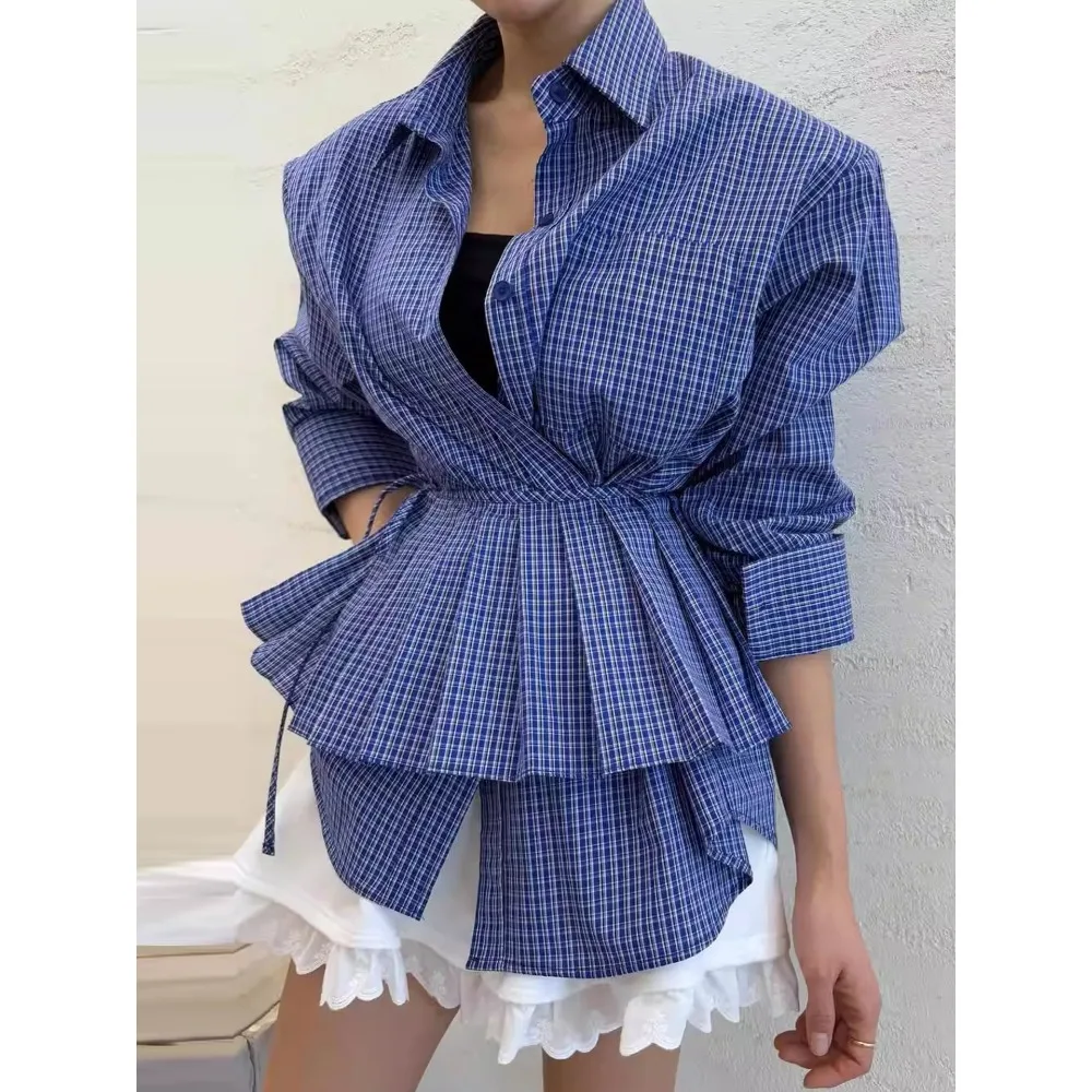 

Женская рубашка SuperAen в корейском стиле с поясом на талии, в клетку, контрастных цветов, в стиле ретро, новинка весны, с плиссированным дизайном, повседневный топ-поло