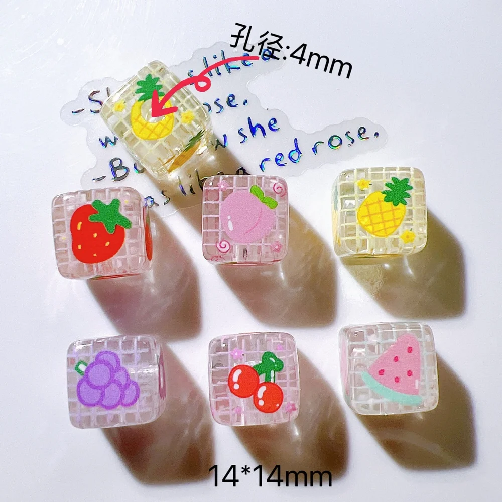 10pcs Cute Fruit Acrylic Cube Beads 14mm Clear Transparent Square Mixed Bead for DIY Earring Bracelet Necklace Jewelry Making