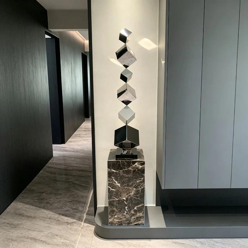 Modern Figures Stainless Steel Floor Sculpture Geometric Abstract Stacked Cube Statue Large Standing Living Room Home Decoration