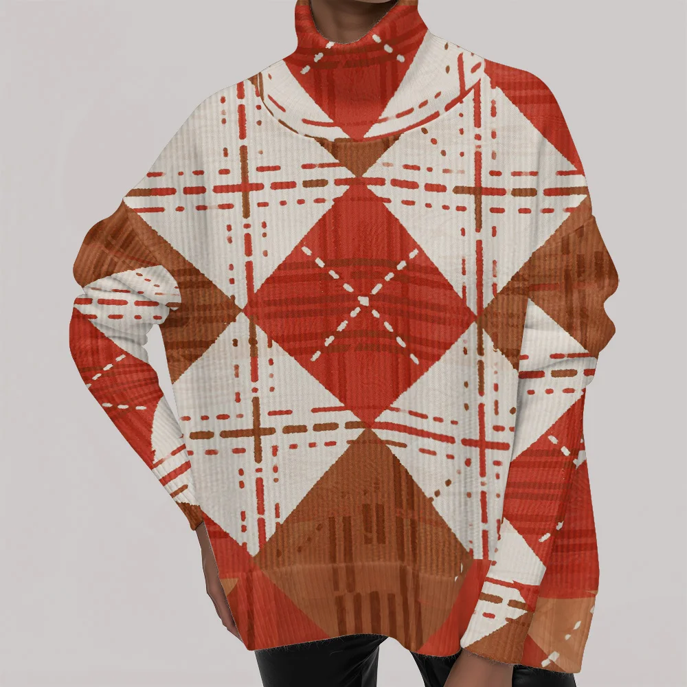 

Классический клетчатый свитер с длинными рукавами. Абстрактный полосатый клетчатый повседневный женский свитер.