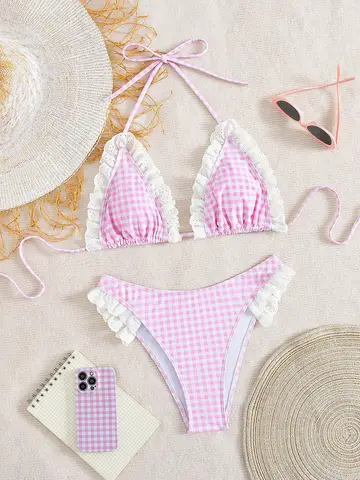 Niedlicher rosafarbener Mikro-Bikini mit Karomuster, 2025, Damen-Rüschen, Spitze, Patchwork, Push-Up, hoher Taille, Badeanzug, Urlaubs-Badebekleidung