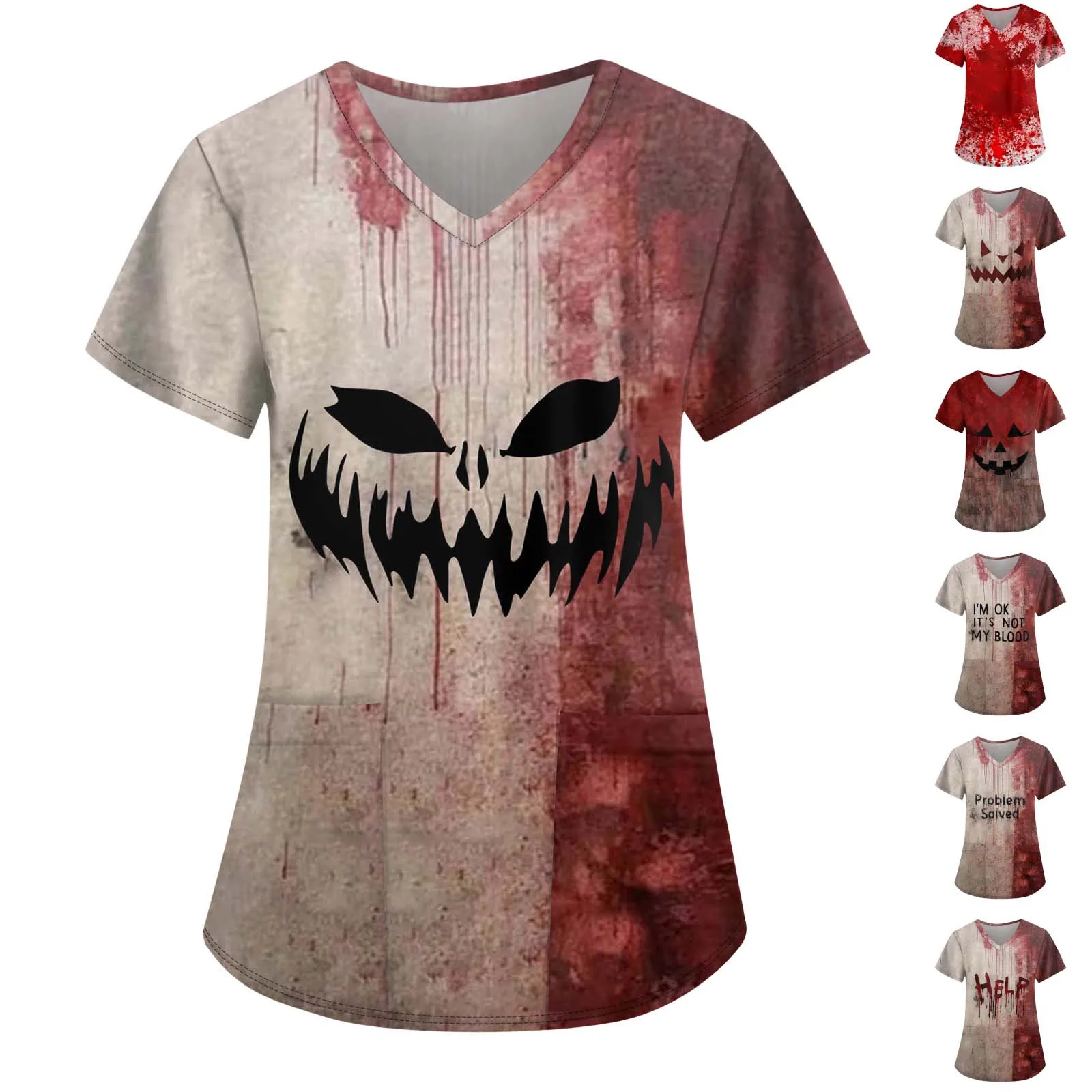 Plus Size Women'S Printed Overalls Tops Crossover V Neck Halloween Print Short Sleeves Funny T-Shirt Overalls With Pockets