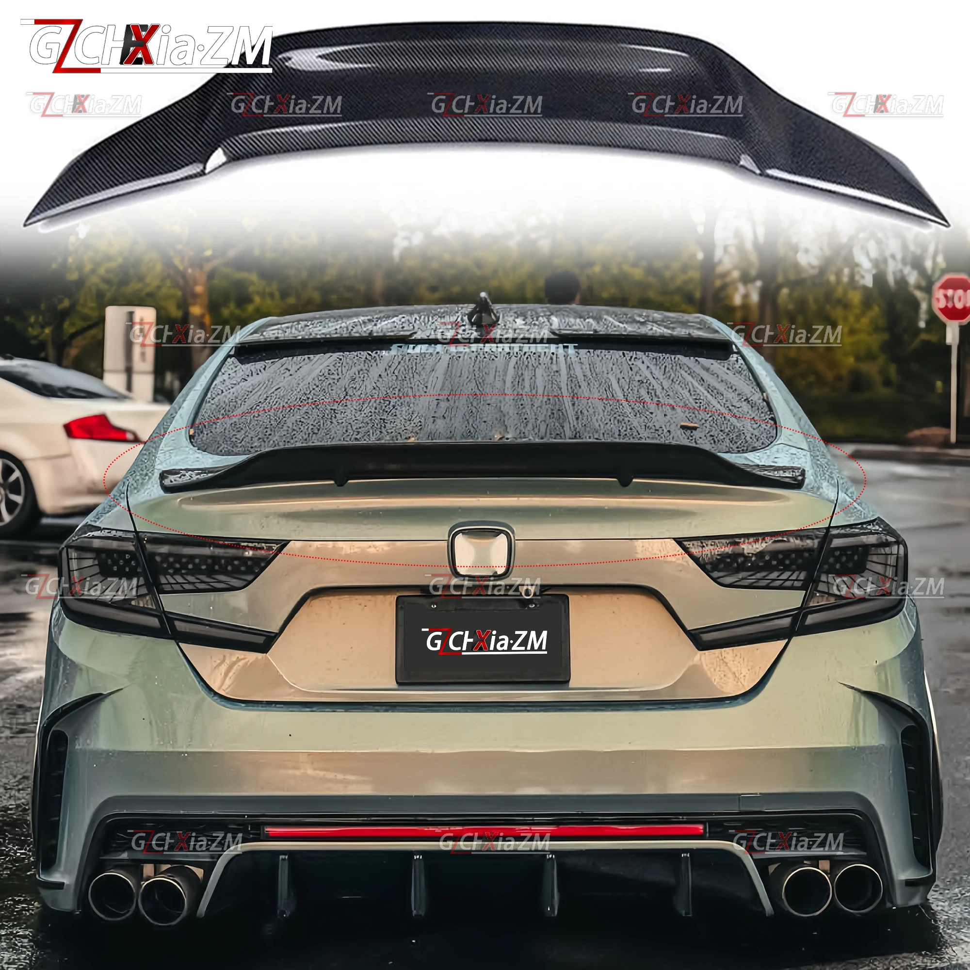 ل 2018-2022 هوندا 10th 10.5th الجيل أكورد الخلفي سبويلر R نمط غطاء صندوق السيارة ديكور غطاء ألياف الكربون الهوائية عدة #3