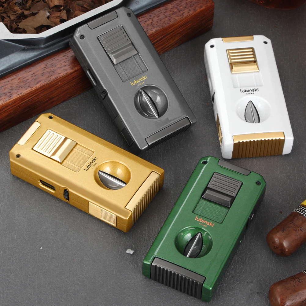 LUBINSKI Cigar Lighter Luxury Metal Butane Gas Torch Lighter With Cutter Cigar Guillotine High-end Design Cigar Accessories