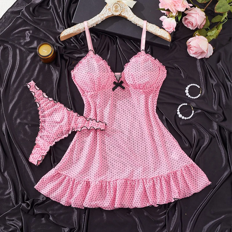 

Princess Nightdress Women Pink Polka Dot Babydoll Lingerie Sleeveless Pajama Dress Cute Ruffles Pajamas Sexy Slip Short Dress