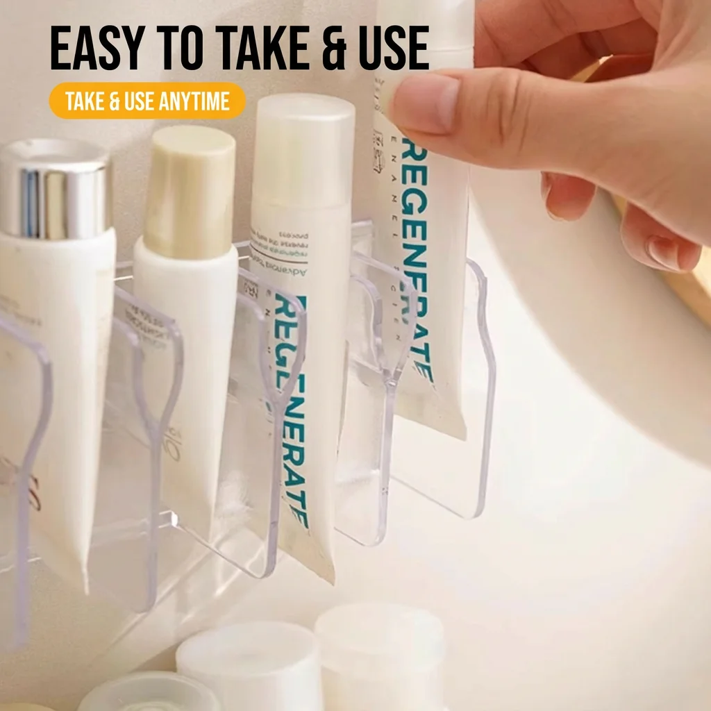 Organizador de Prateleira de Banheiro Montado na Parede, Quatro Níveis, Sem Perfuração, Adesivo, Suporte para Cosméticos, Limpadores Faciais e Pasta d